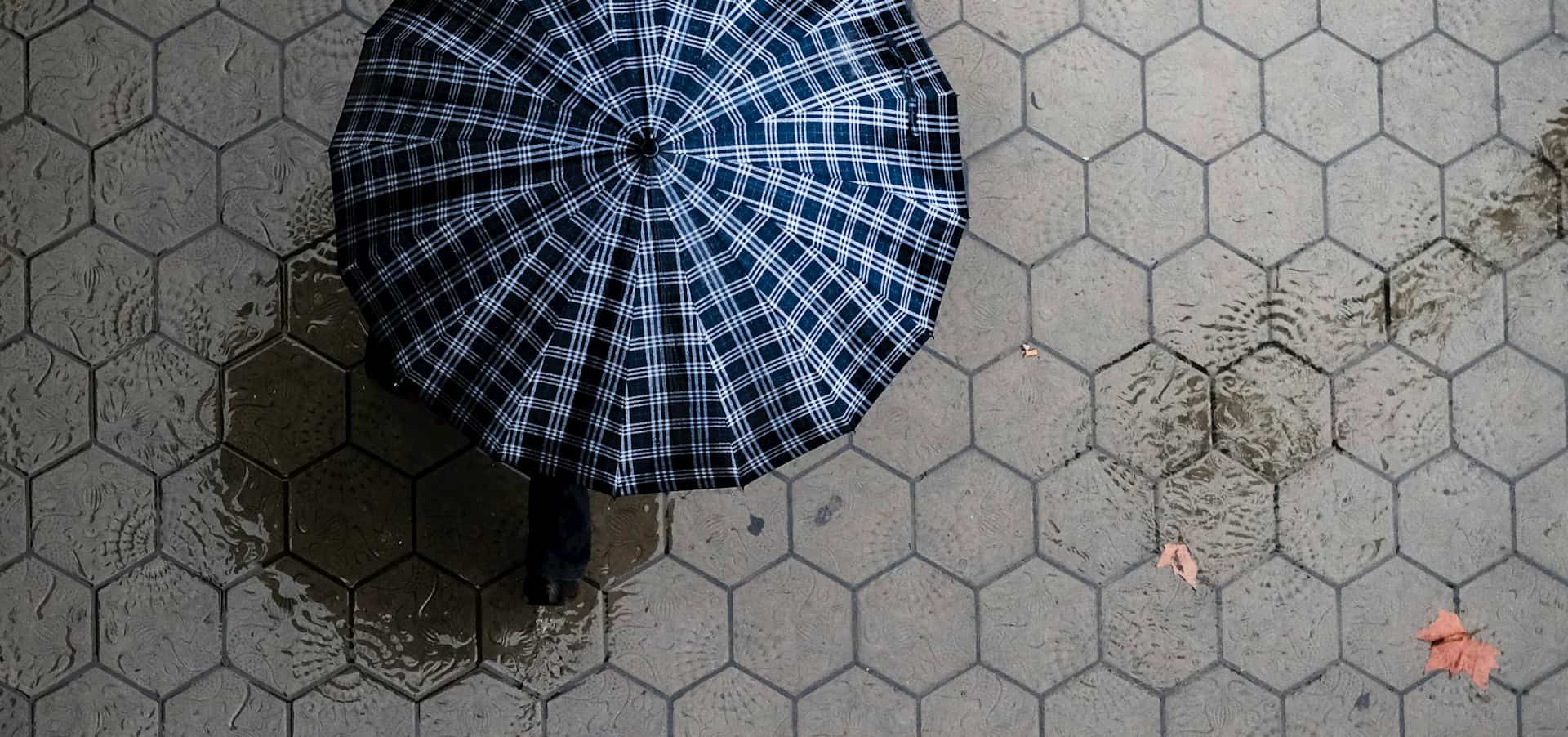 aerial view of umbrella against wet paving stones