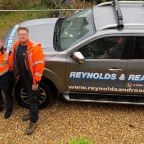 Sight for Wight CEO in car park with Reynolds and Read workers