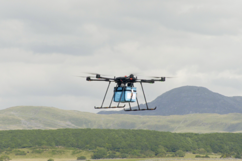 Parcel delivery drone in the air