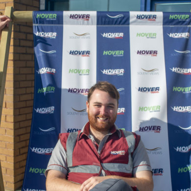 Hovertravel staff with the giant deckchair