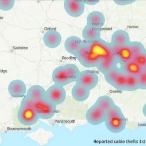 Cable Theft Heat Map showing areas in Hampshire where cable thefts are taking place