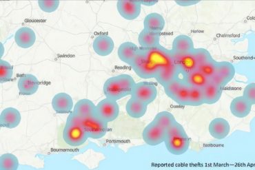 Cable Theft Heat Map showing areas in Hampshire where cable thefts are taking place