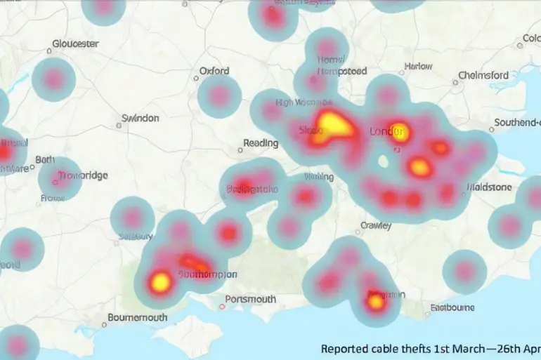Cable Theft Heat Map showing areas in Hampshire where cable thefts are taking place