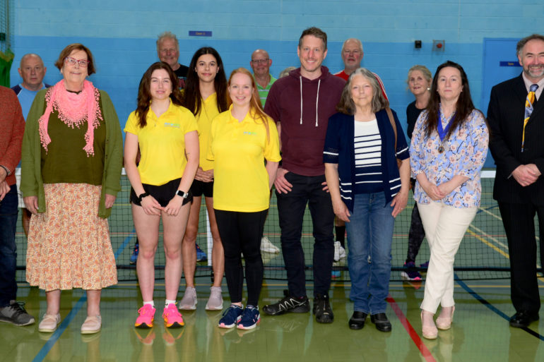 Cllr Tony Armstrong, Cllr Anne Bamford, Sarah Baggot, Izzy Taylor and Emily Mann, Adam Tucker, Cllr Frances Turan, Emma Cox, Cllr Christopher Jarman JP with Pickle Ball players