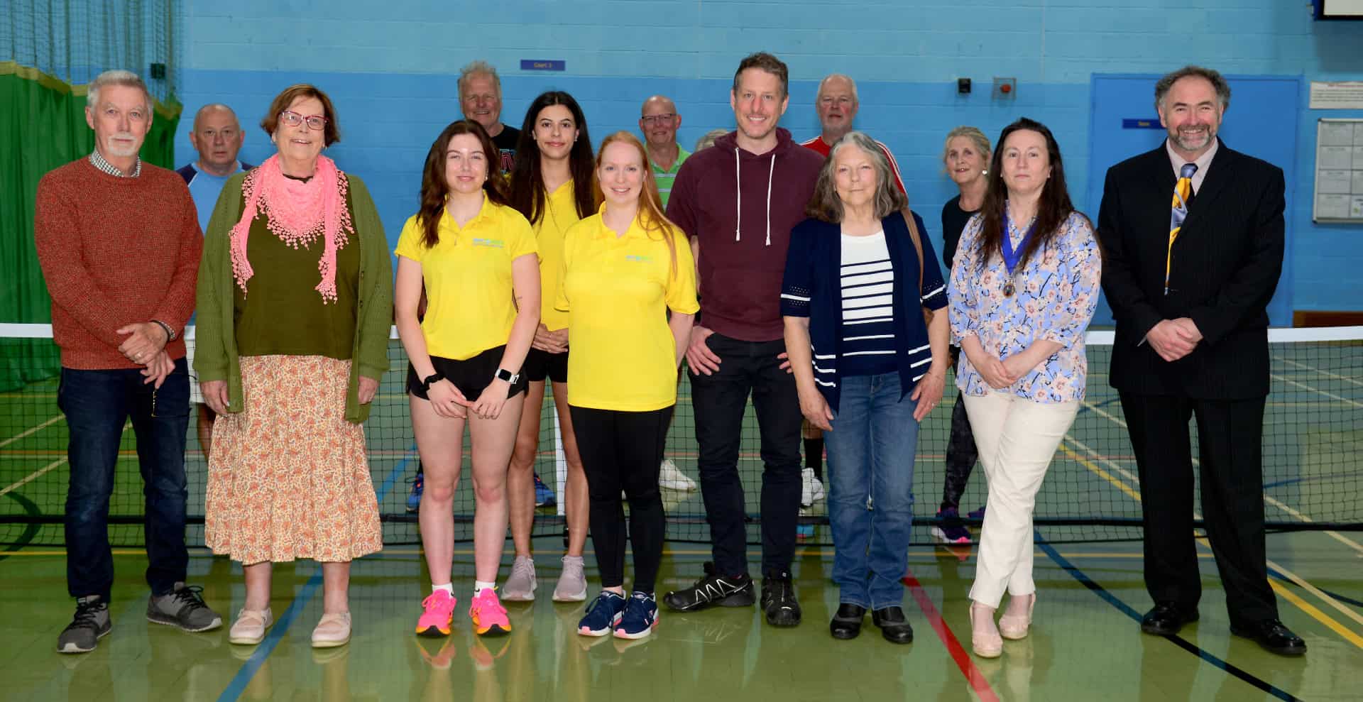 Cllr Tony Armstrong, Cllr Anne Bamford, Sarah Baggot, Izzy Taylor and Emily Mann, Adam Tucker, Cllr Frances Turan, Emma Cox, Cllr Christopher Jarman JP with Pickle Ball players