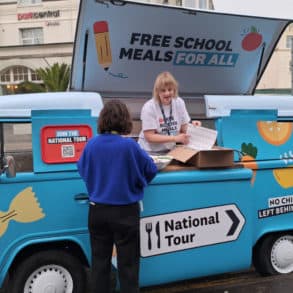 Free School Meals bus outside Bournemouth conference