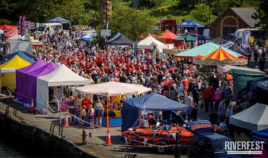 Riverfest from the air showing busy crowds