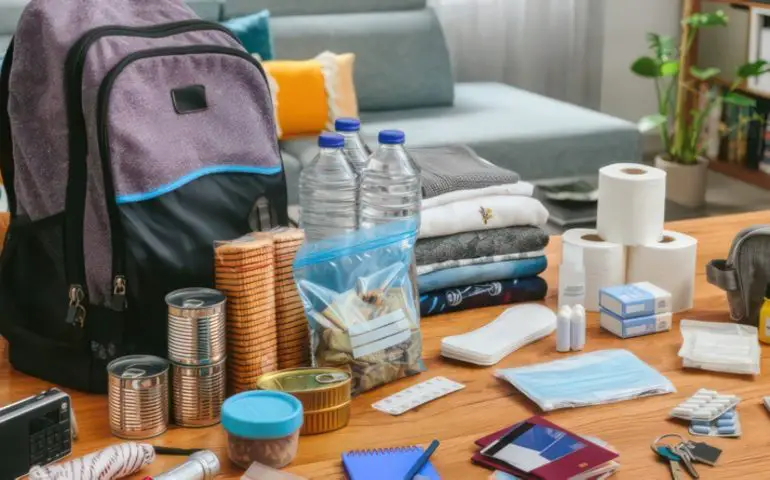 Contents of a grab bag of emergency items such as water, medical supplies, sustenance and more
