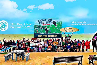 paddle out poster for 18th may - illustration of people onthe beach waving flags and banners protesting at sewage pollution