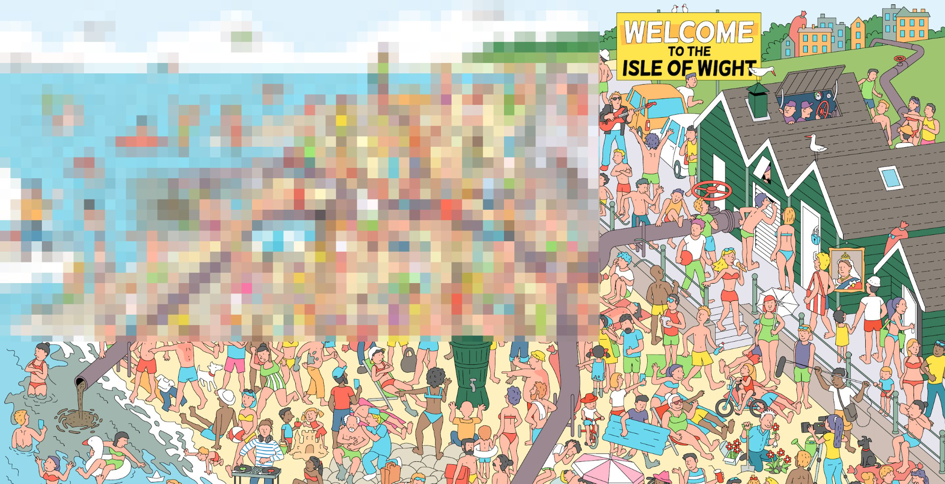 Illustration of a beach scene crowded with people