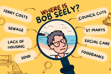 where is bob seely illustration with cartoon image of him underneath a magnifying glass