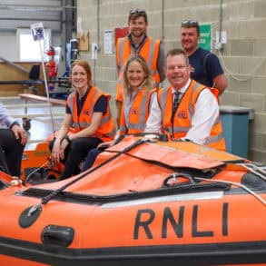 From left to right: Paul Bristowe, ABP Head of Marine, Liv Quinn, ABP Port Management Graduate and RNLI Volunteer, Victoria Fleming Williams, ABP Public Affairs Manager (front), Sam Holliday, RNLI Senior Strategic and Operational Partnerships Manager (back) and Mike McCartain, ABP Group Director of Safety, Engineering and Marine (front), Scott Armiger, Section Leader – ILC (back).