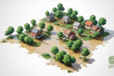 Illustration of homes flooded by heavy rainfall