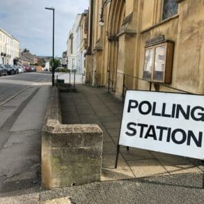 Polling station sign outside a church