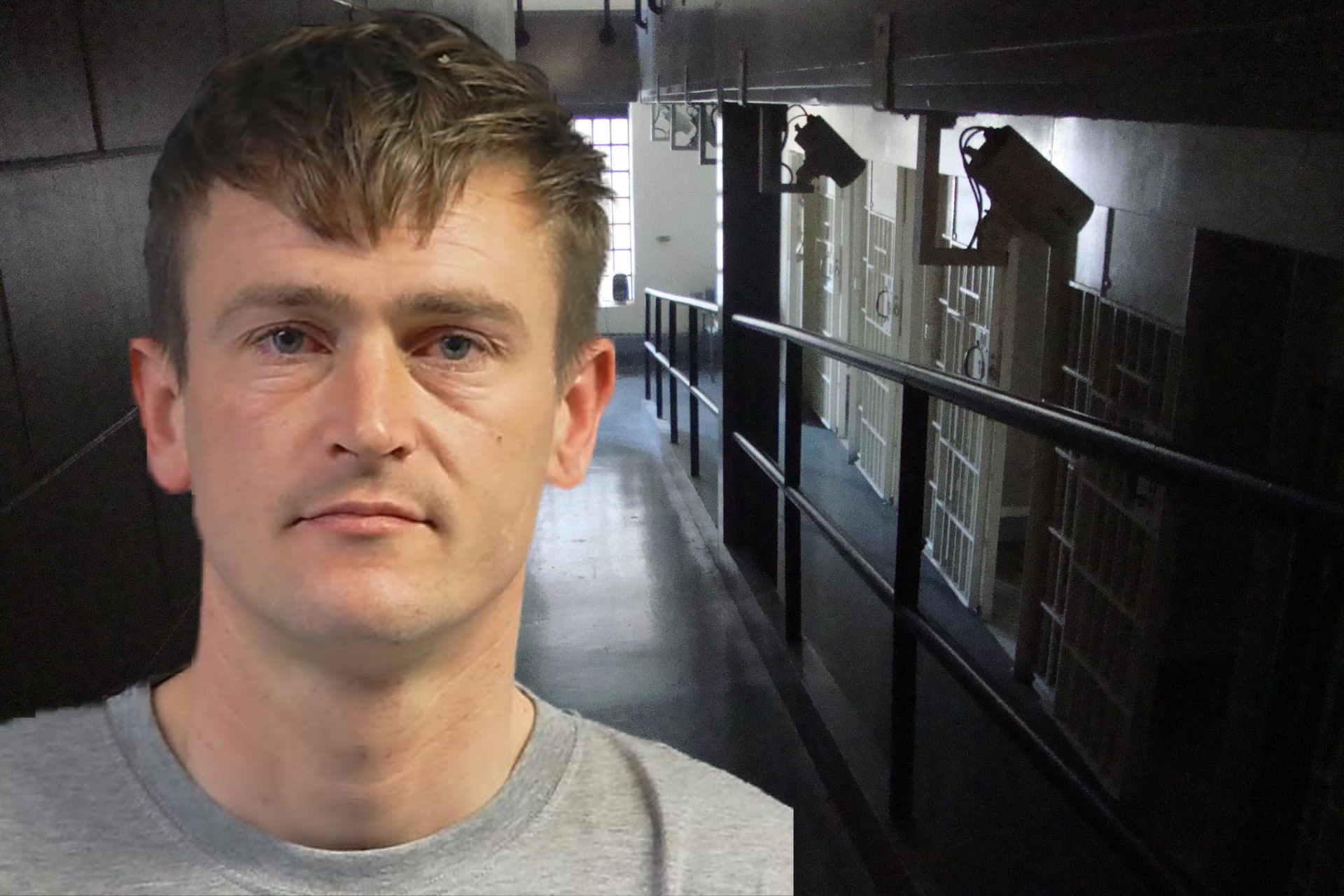 Mugshot of Dan Taylor with jail corridor in background