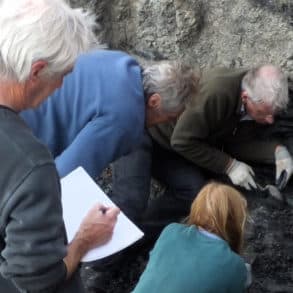 Excavation in 2013. Nick Chase (in the foreground sketching), Steve Hutt (blue jumper), Jeremy Lockwood (wearing gloves), and Penny Newberry.