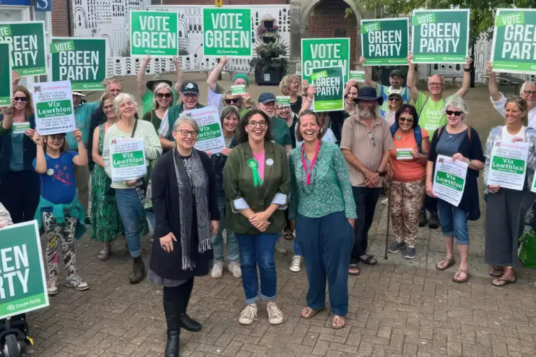 Green Party supporters welcome Dame Natalie Bennett to Ryde