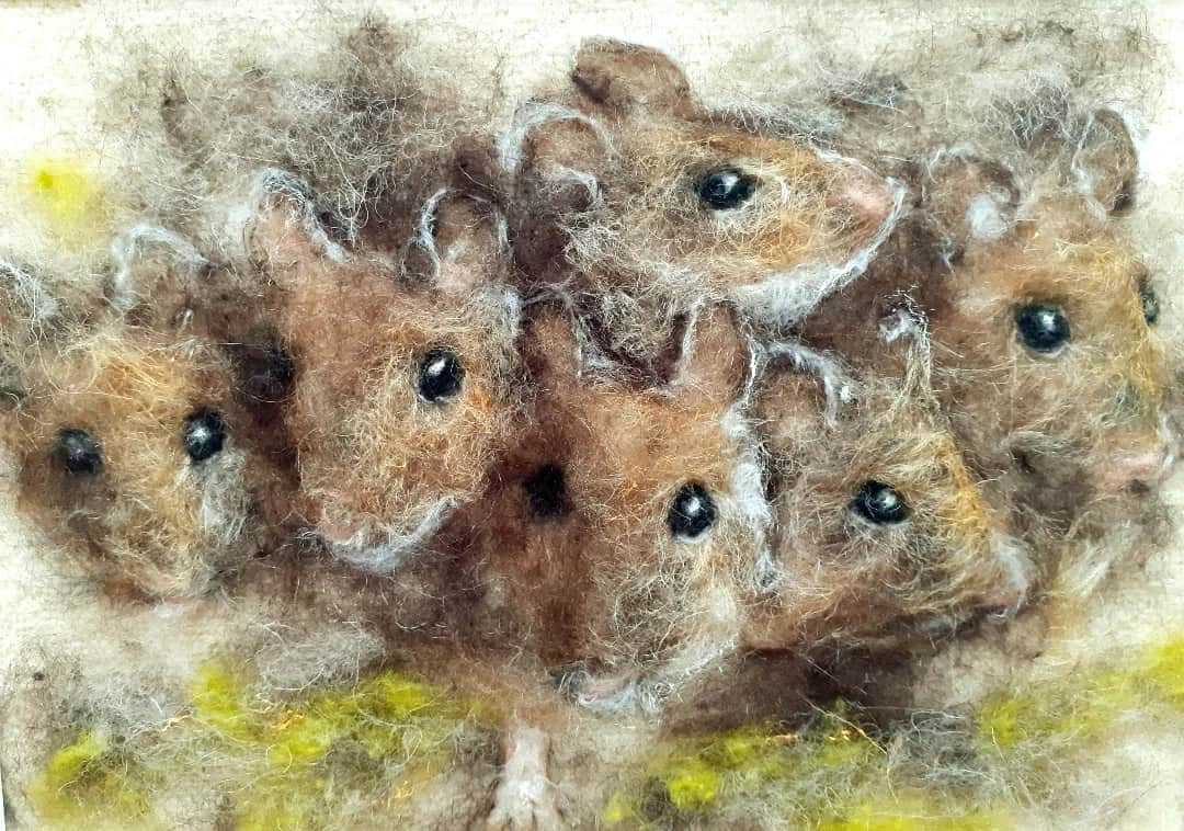 Needlefelted picture of a bunch of mice by Loren Thorn