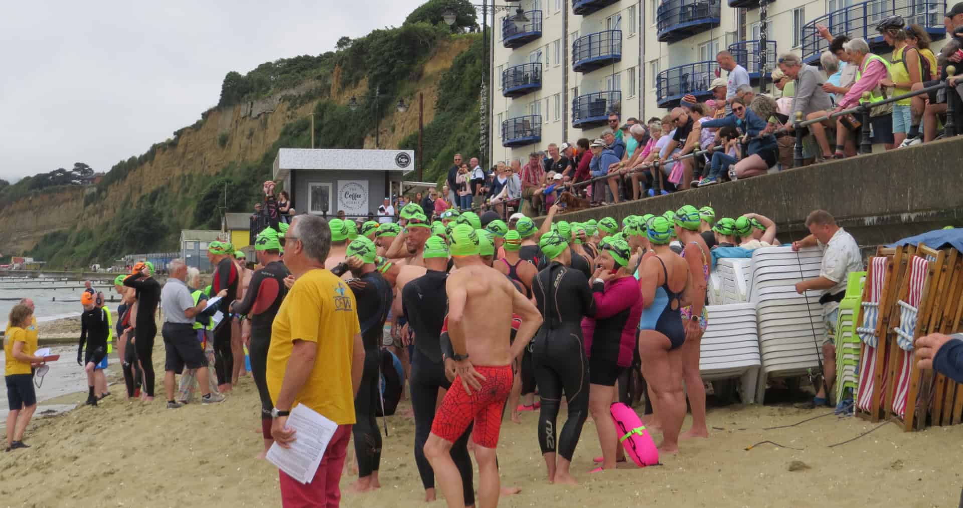 Swimmers by Sandown Pier ready to start the Pier to Pier swim 2024