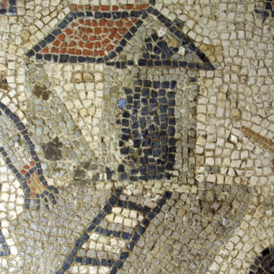 The 4th century Gallus Mosaic with the cockerel-headed man. Brading Roman Villa Trust.