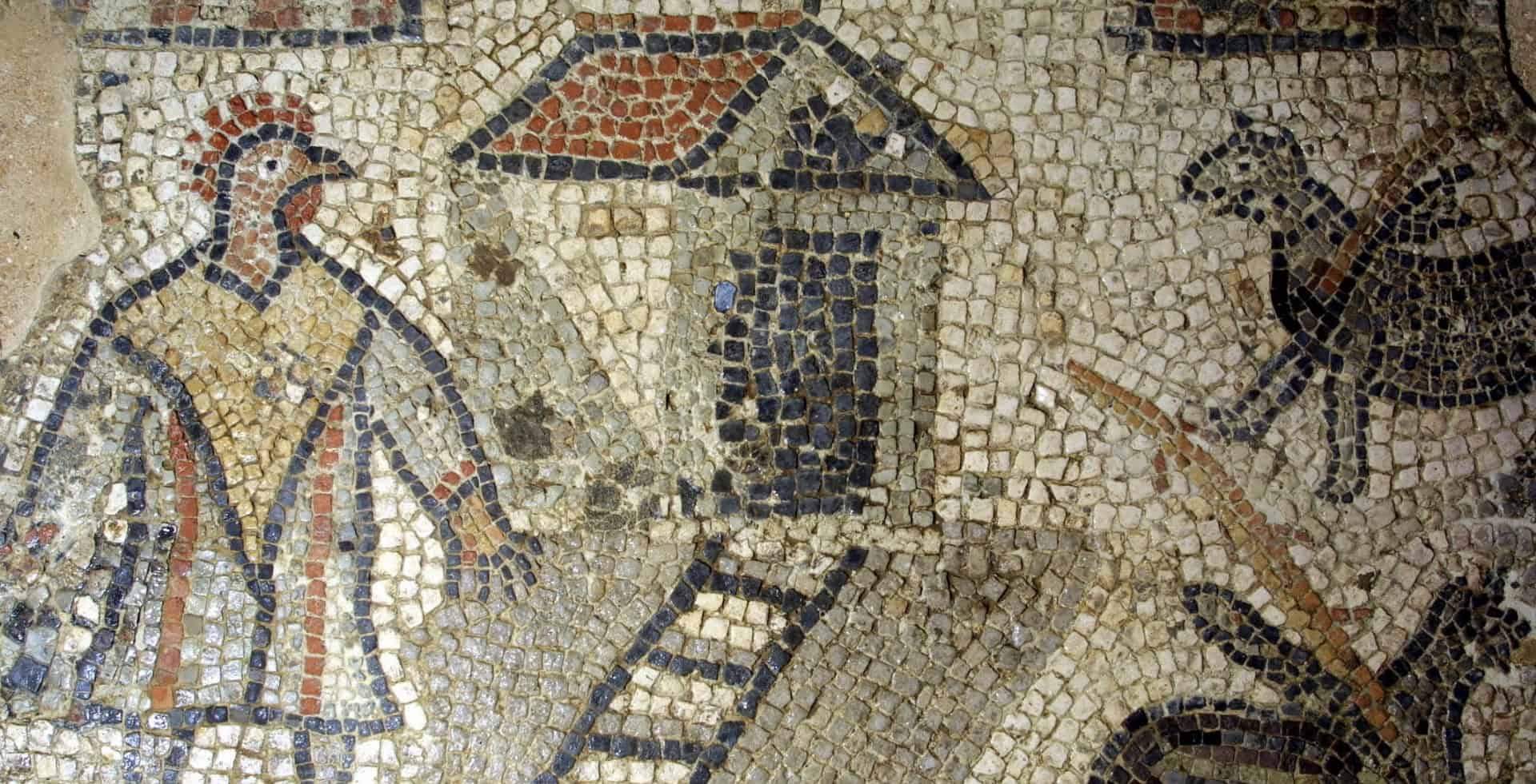 The 4th century Gallus Mosaic with the cockerel-headed man. Brading Roman Villa Trust.
