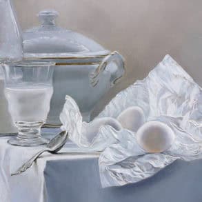 Painting of breakfast items on a table, milk, eggs and plates