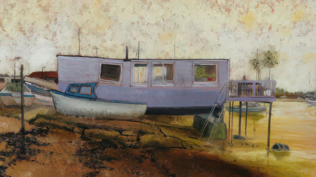 Painting of a house boat at low tide