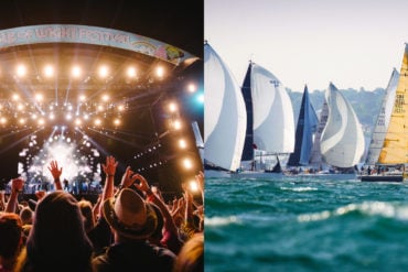 split screen image showing Isle of Wight Festival and Round the Island Boat Race