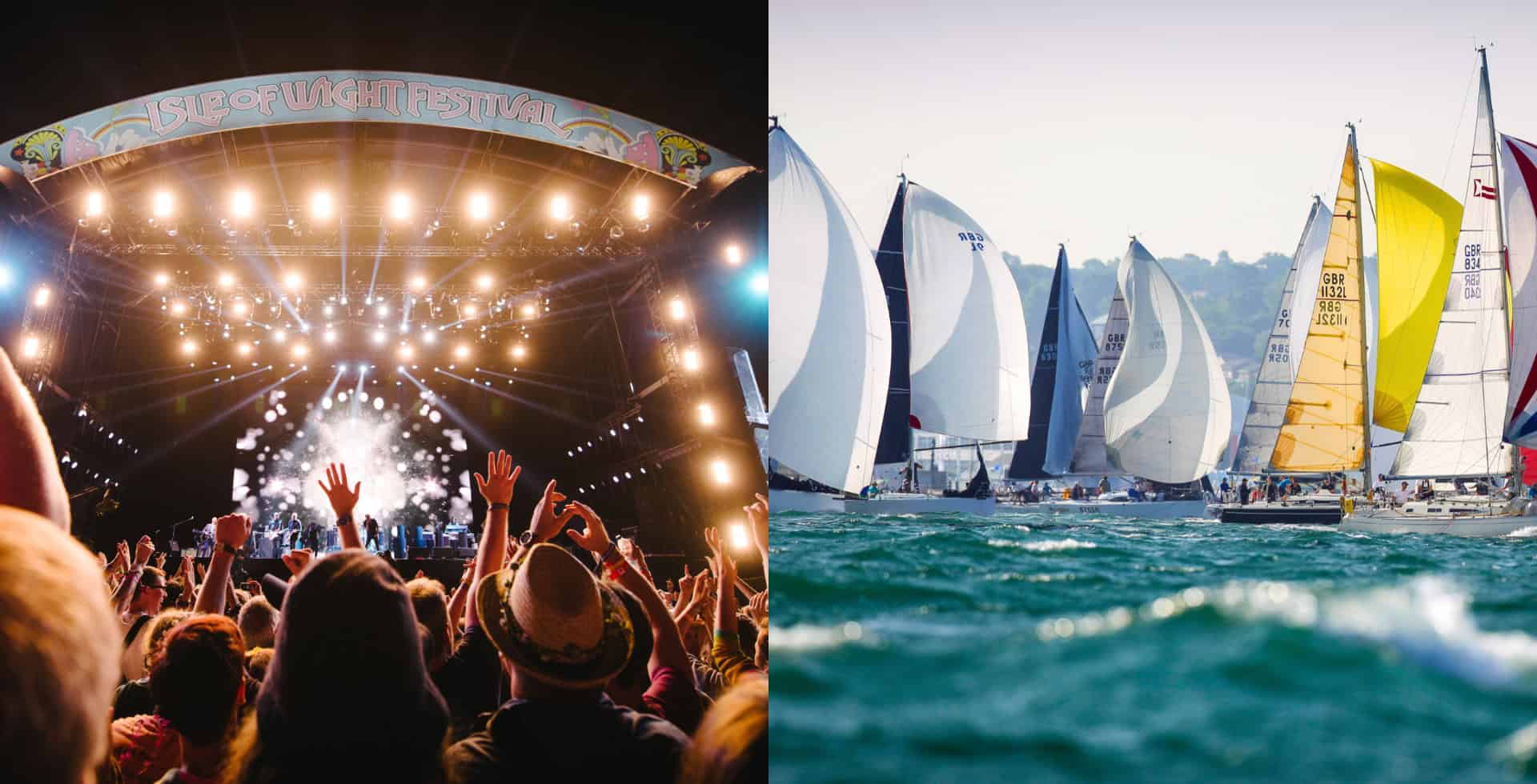 split screen image showing Isle of Wight Festival and Round the Island Boat Race