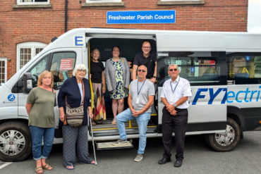 Mel Gardiner, Cllr Benda Hobbs, (On the bus) Cllr Frances Turan, Cllr Natalie Thomas, Cllr Warren Whyte and Peter Phelps FYTbus Garage Manager and Bob Lombardelli CEO FYTbus.