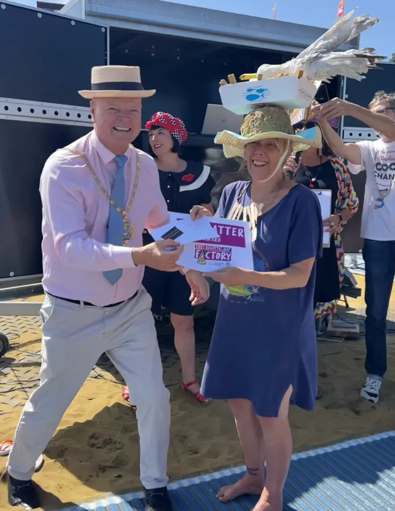 Julie Hannam spent hours at the Hat Factory working on 'Seagull Stealing Chips', winning the Mad Hatter award for most eccentric creation (photo by Sandown Carnival)