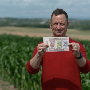 Presenter Matt Allwright shows off an original weekend festival ticket - £3