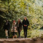 Four young people walking through woodland