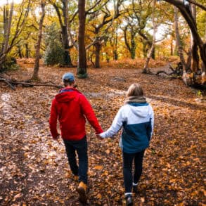 Couple holding hands walking through woodland