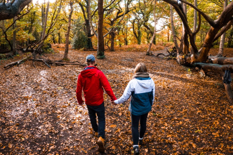 Couple holding hands walking through woodland