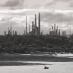 black and white photo of fawley oil refinery