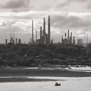 black and white photo of fawley oil refinery