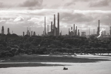 black and white photo of fawley oil refinery