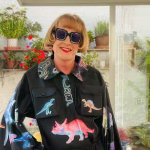 grayson perry wearing outfit designed and created by Joel Lines