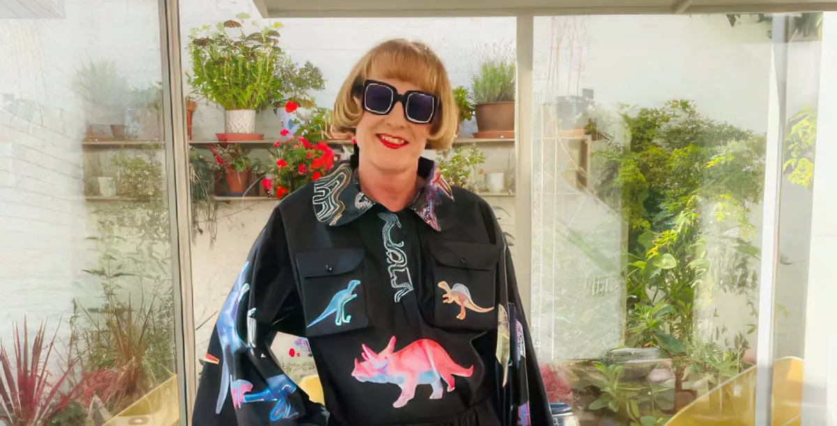 grayson perry wearing outfit designed and created by Joel Lines