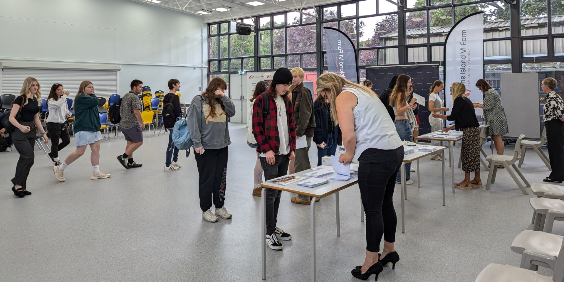 island vi form students collecting their results