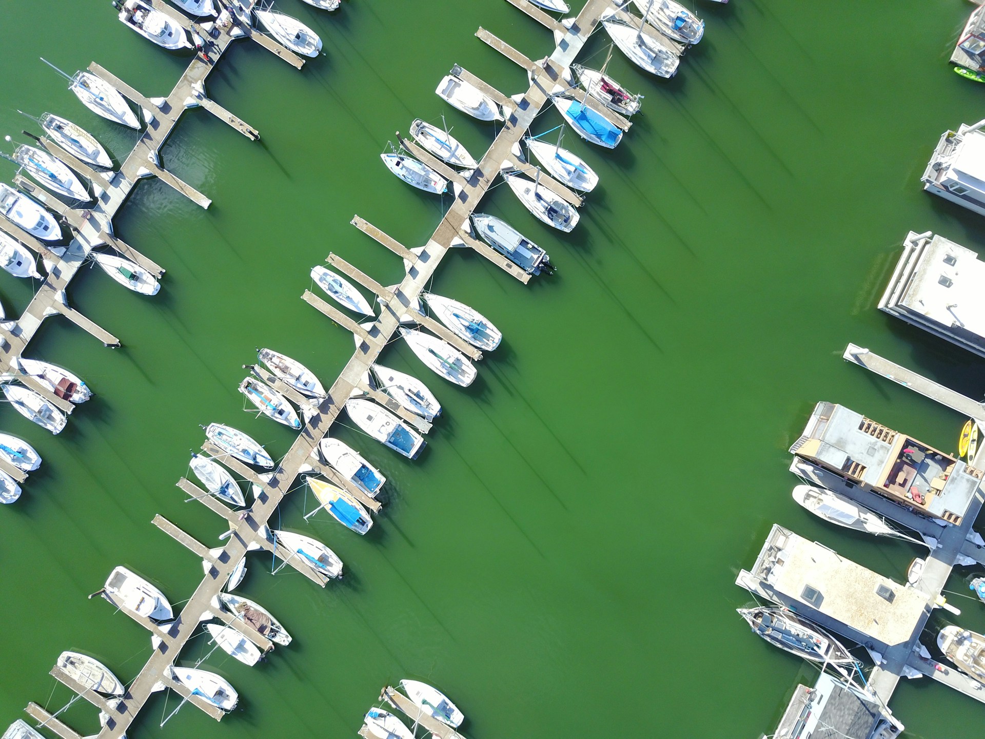 Aerial view of boats moored in a marina - andy wang