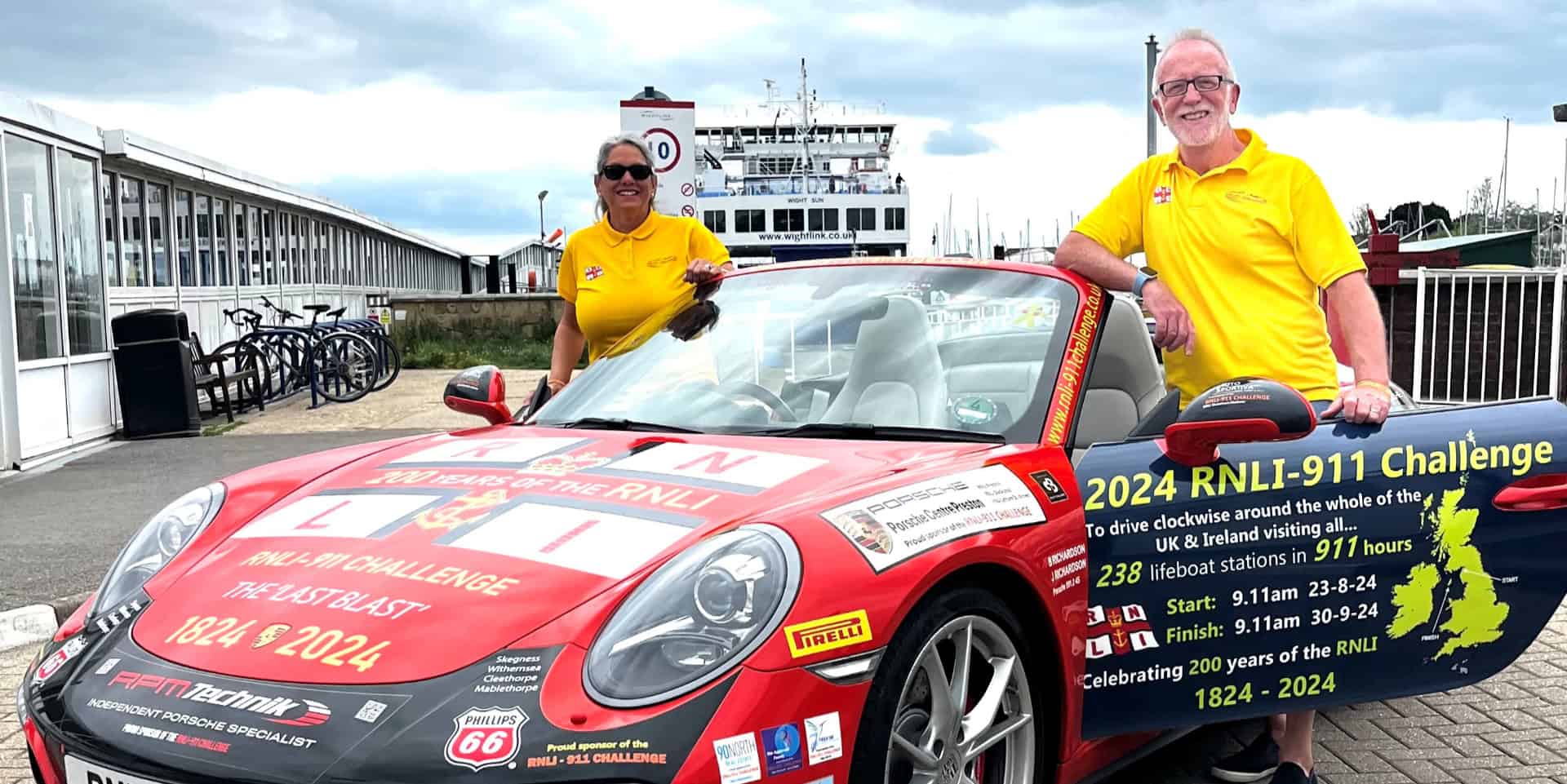 Belinda and James Richardson with their Porsche bhy Wightlink ferry terminal