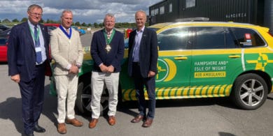 Councillor Karl Love with his partner and consort David Hill, alongside Richard Corbett, air ambulance chief executive officer, and air ambulance chairman, David Drew.