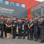 PCC Donna Jones and Chief Constable Scott Chilton with Cosham police officers and staff at the opening event of the new joint Police and Fire Station