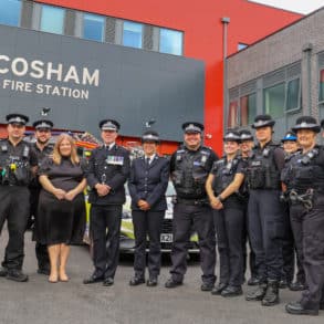 PCC Donna Jones and Chief Constable Scott Chilton with Cosham police officers and staff at the opening event of the new joint Police and Fire Station