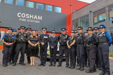 PCC Donna Jones and Chief Constable Scott Chilton with Cosham police officers and staff at the opening event of the new joint Police and Fire Station