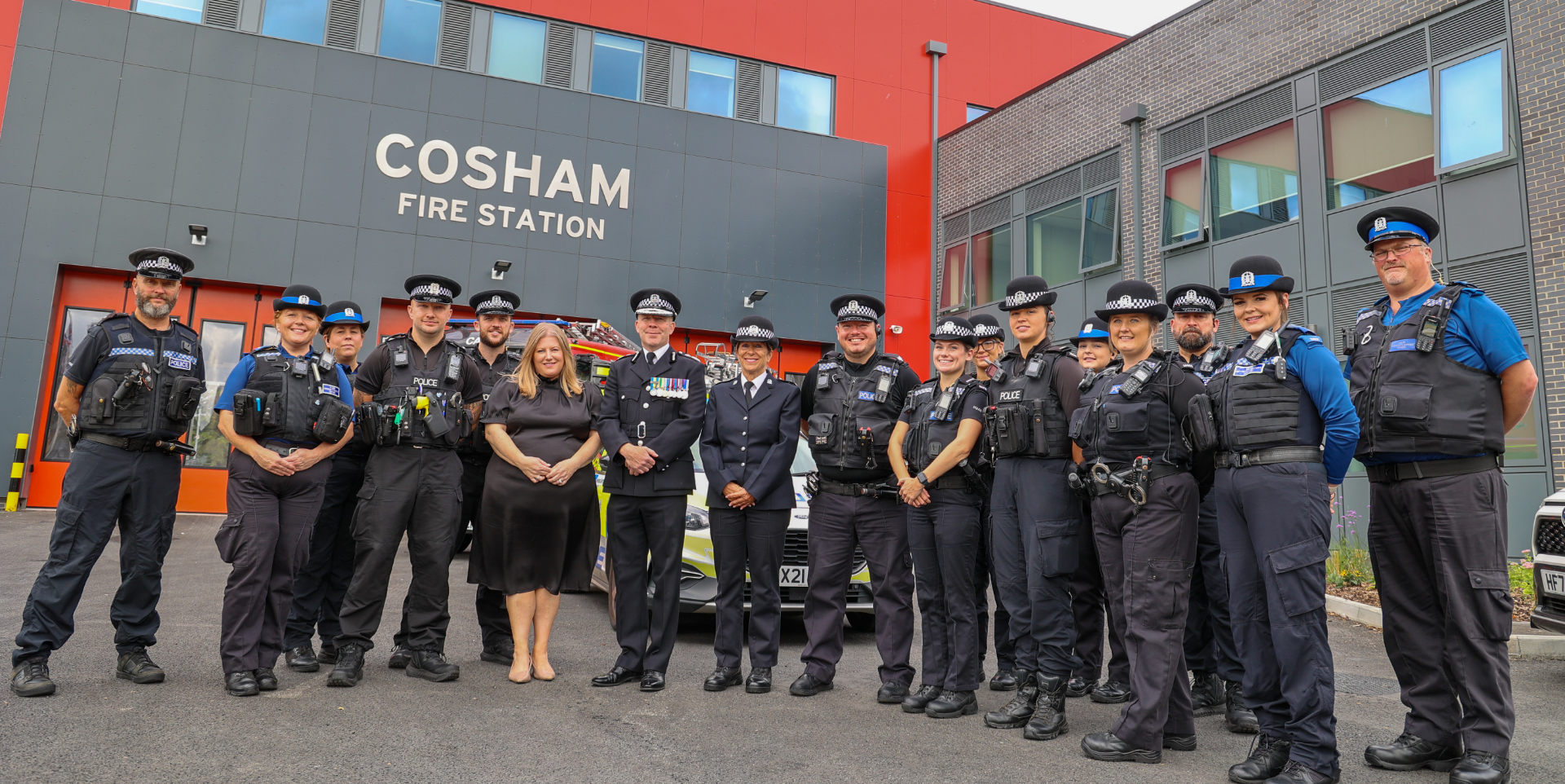 PCC Donna Jones and Chief Constable Scott Chilton with Cosham police officers and staff at the opening event of the new joint Police and Fire Station