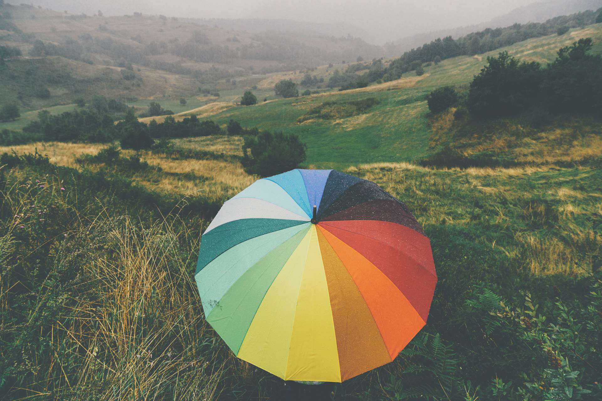 Person sitting in the countryside with a colour umbrella