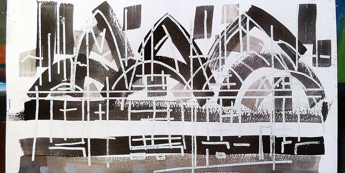 Wide brush artwork of Quarr Abbey